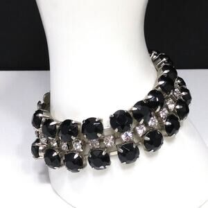 Vintage Black & Clear Rhinestone Bracelet, Rhodium Plated, 1950s
